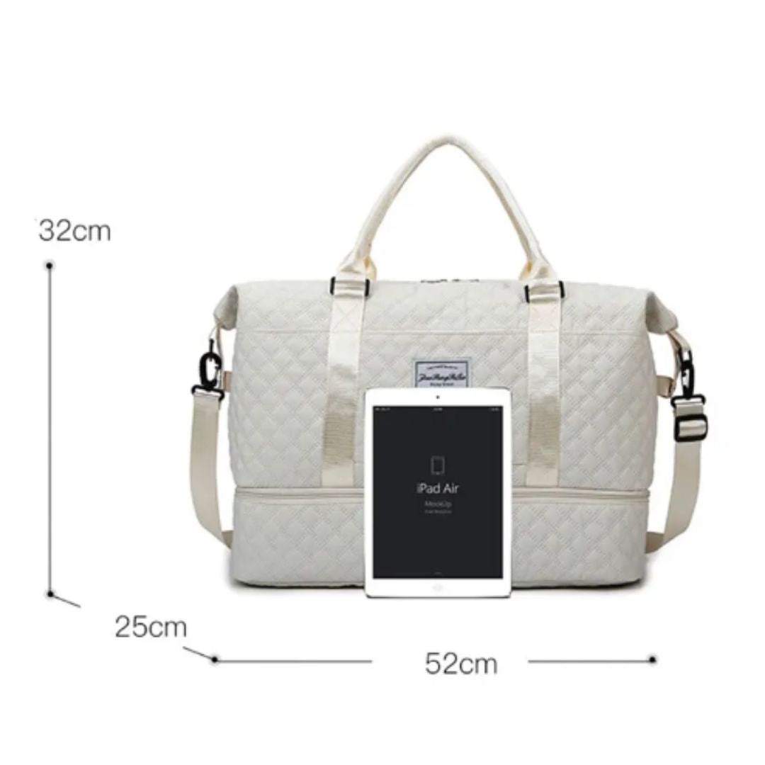 Quilted travel tote bag with shoe compartment