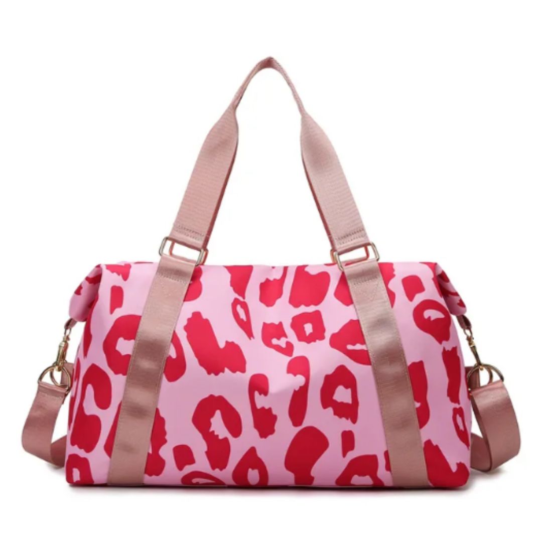 Red and pink leopard print ladies travel duffel bag