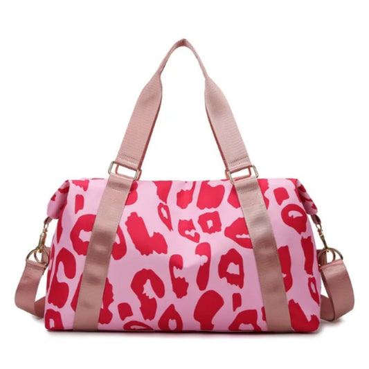 Red and pink leopard print ladies travel duffel bag
