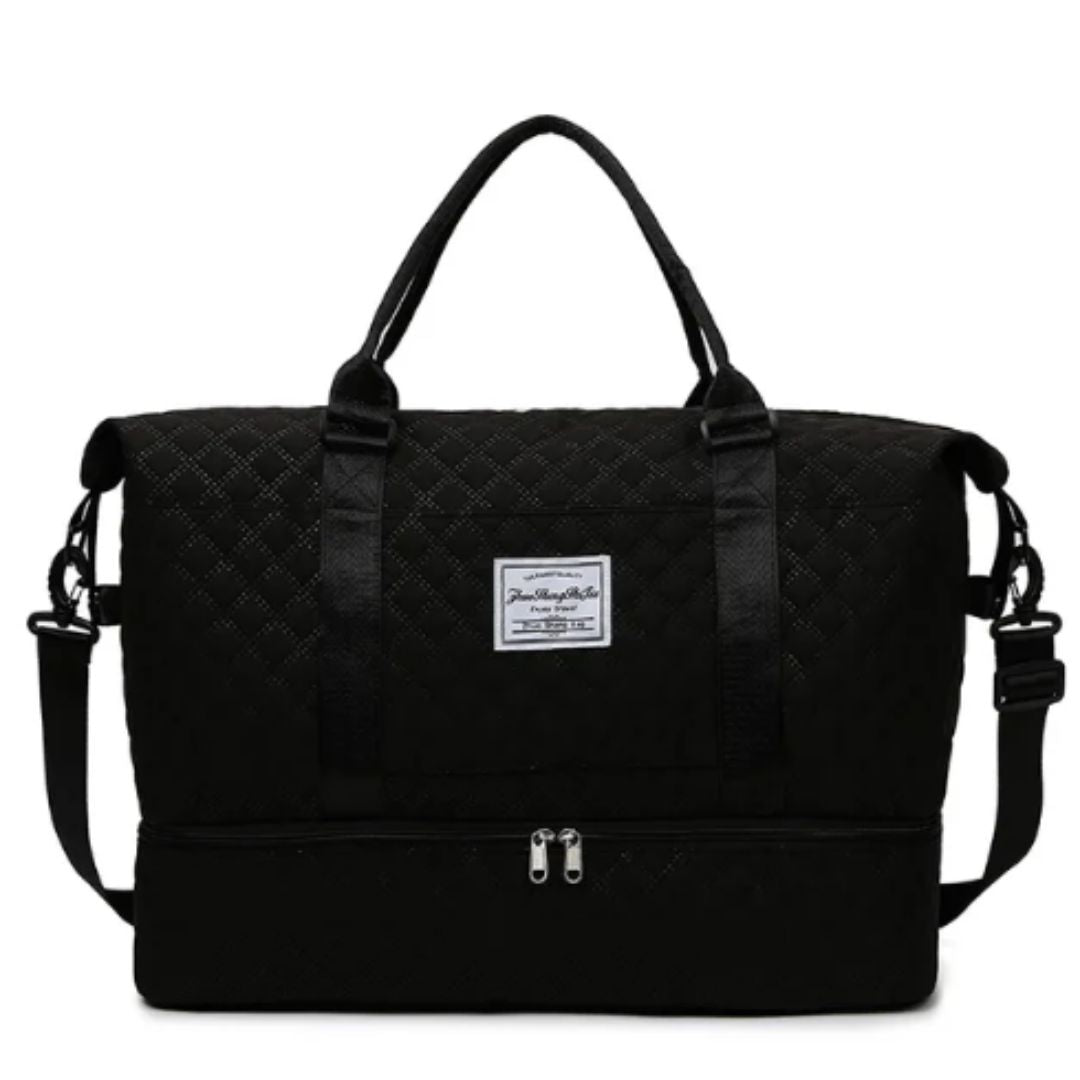 Quilted travel tote bag with shoe compartment