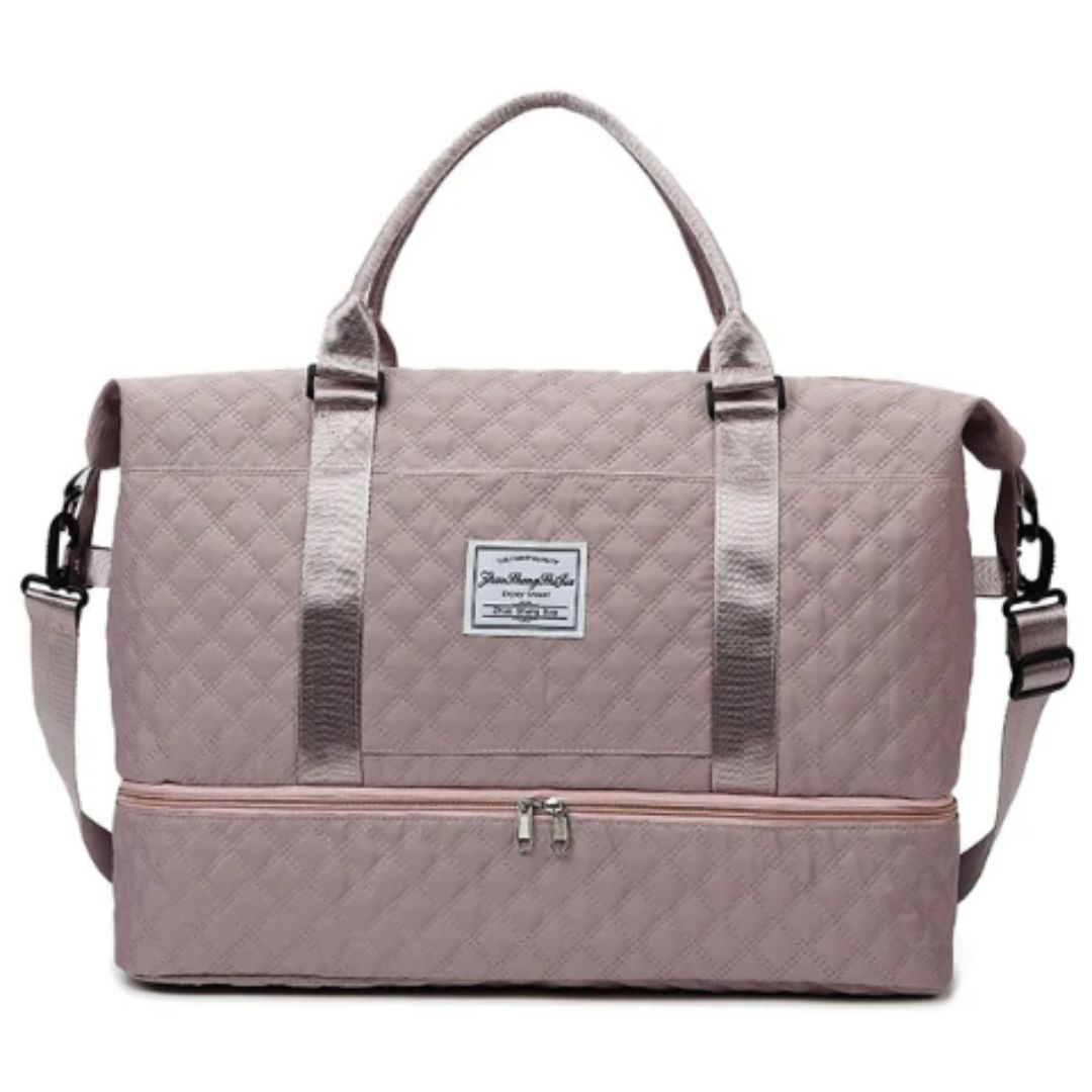 Quilted travel tote bag with shoe compartment
