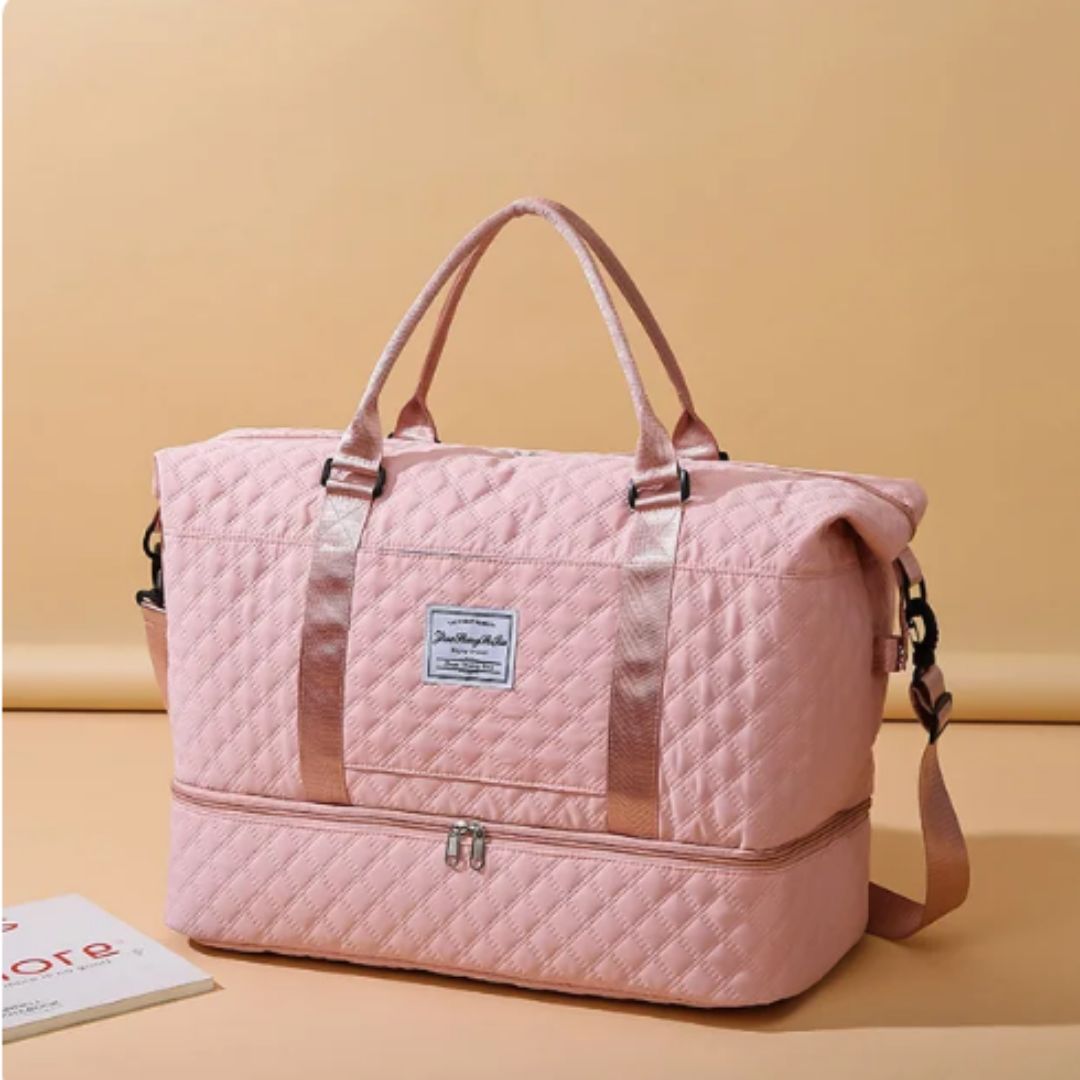 Quilted travel tote bag with shoe compartment
