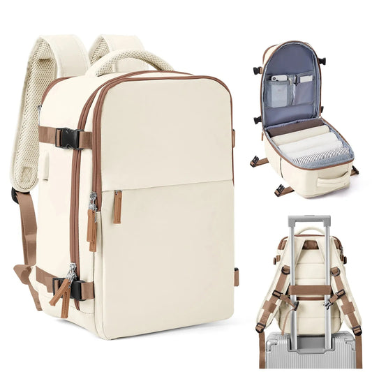 Beige backpack, flight approved, compact, hardwearing, stylish and perfect for travel